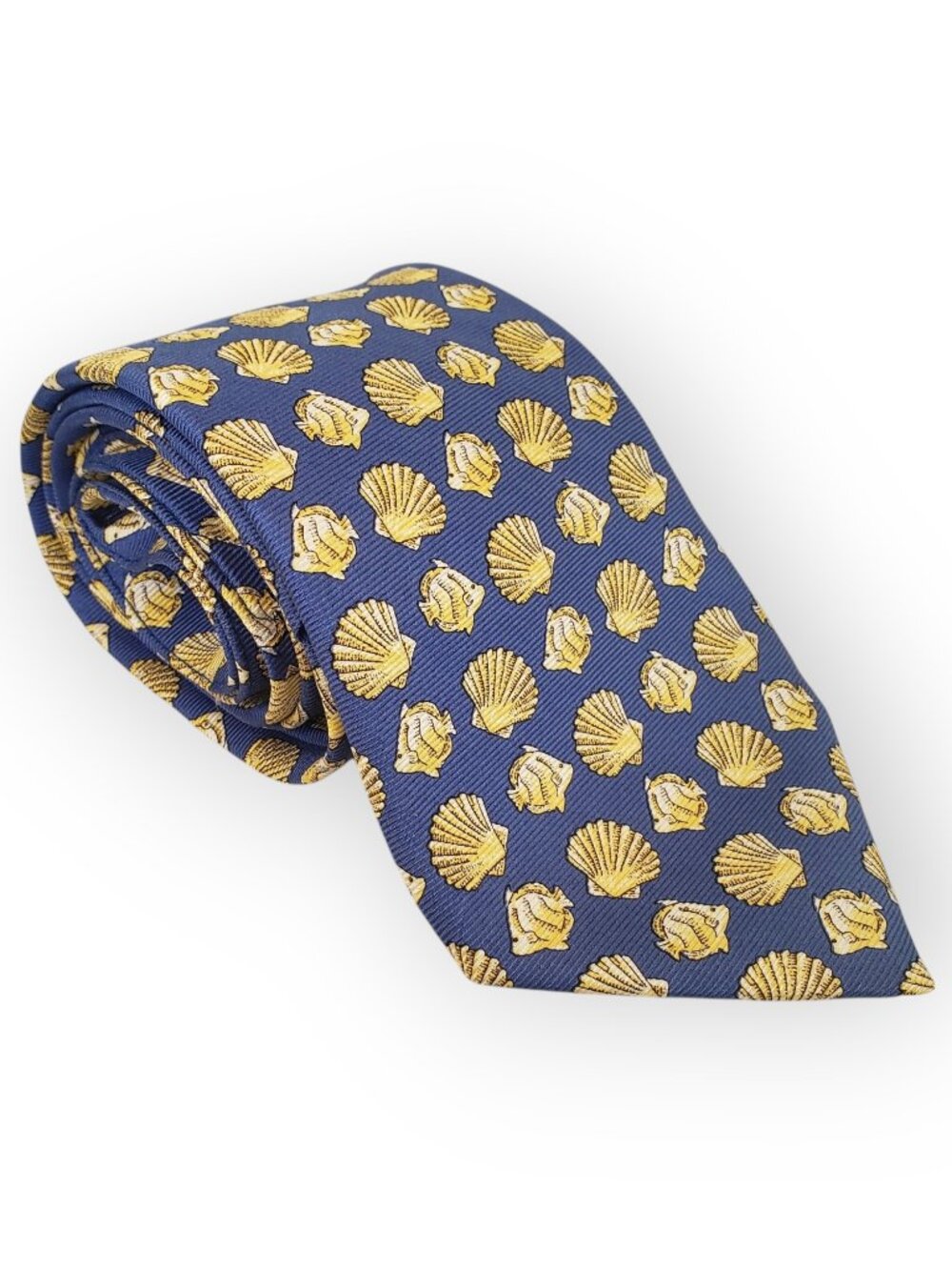 Sulka France Silk Tie Blue Yellow Seashells Fish Whimsical Kitsch Tropical